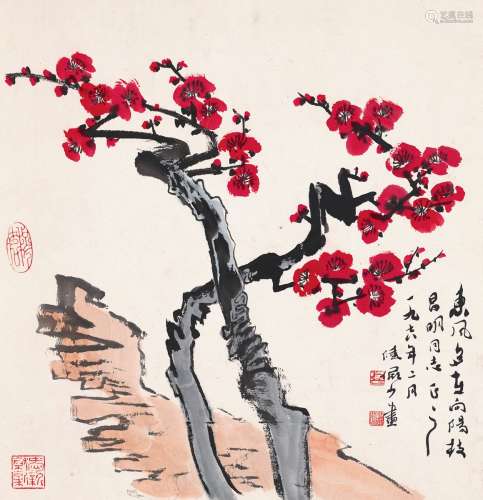 陆俨少（1909～1993） 1978年作 红梅图 镜片 设色纸本