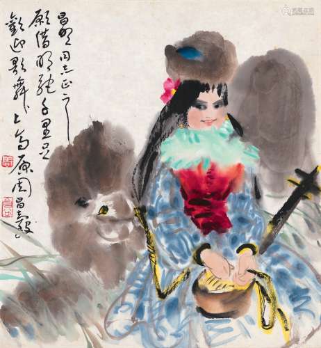周昌谷（1929～1986） 少女与骆驼 镜片 设色纸本