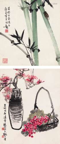 黄幻吾（1906～1985）  陈秋草（1906～1988） 翠竹鸣蝉图 花果清供图 镜片 立轴 设色纸本