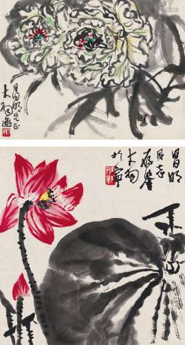 陈大羽（1912～2001） 牡丹图 荷花图 （二帧） 镜片 设色纸本