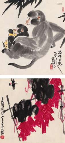 李燕（1943～）  崔子范（1915～2011） 猴趣图 篱落蜻蜓图 （二帧） 镜片 设色纸本