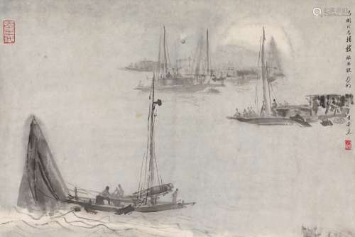 亚明（1924～2002） 1973年作 江岸清晨图 镜片 水墨纸本