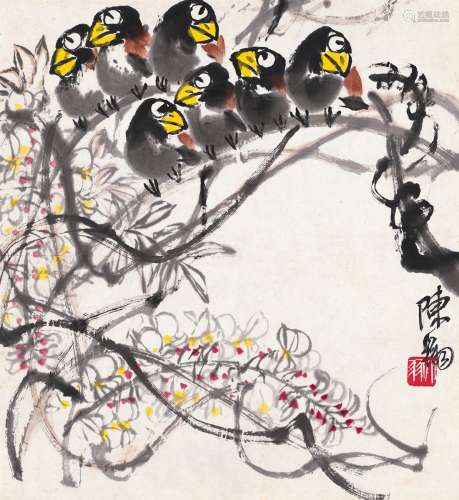 陈大羽（1912～2001） 紫藤小鸟图 镜片 设色纸本