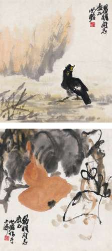 朱屺瞻（1892～1996） 小鸟图 葫芦图 （二帧） 镜片 设色纸本
