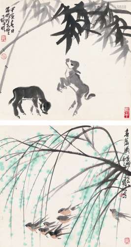 林曦明（1926～） 竹林牛犊图 春燕图 （二帧） 镜片 水墨纸本 设色纸本