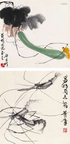 娄师白（1918～2010）  许麟庐（1916～2011） 丝瓜图 游虾图 （二帧） 镜片 设色纸本 水墨纸本