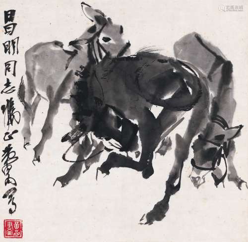 黄胄（1925～1997） 三驴图 镜片 水墨纸本