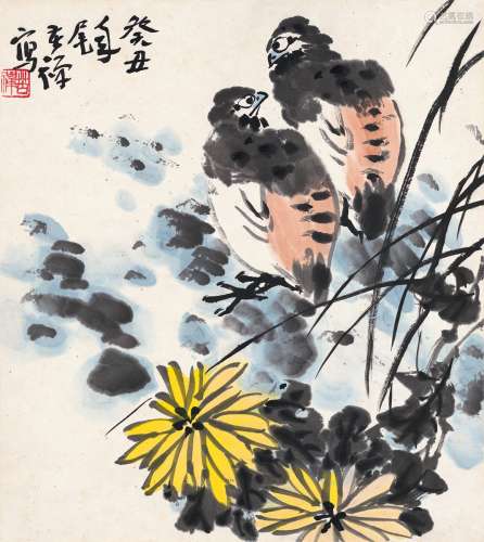 李苦禅（1899～1983） 1973年作 菊花双禽图 镜片 设色纸本