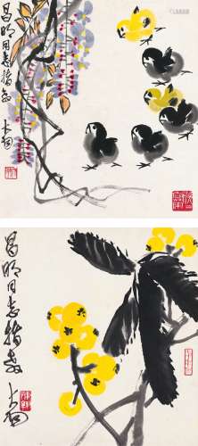 陈大羽（1912～2001） 紫藤禽趣图 枇杷图 （二帧） 镜片 设色纸本