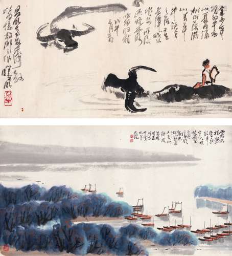 林曦明（1925～） 戏水图 太湖秋景图 （二帧） 镜片 设色纸本