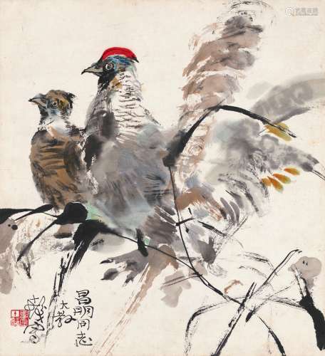 程十发（1921～2007） 双禽图 镜片 设色纸本