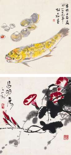 张大壮（1903～1980）  谢之光（1900～1976） 鱼贝图 牵牛花图 （二帧） 镜片 设色纸本