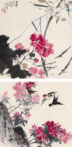 张辛稼（1909～1991） 池边禽趣图 丛花飞燕图 （二帧） 镜片 设色纸本