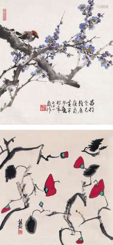黄幻吾（1906～1985）  张桂铭（1939～2014） 梅花禽趣图 红果小鸟图 （二帧） 镜片 设色纸本