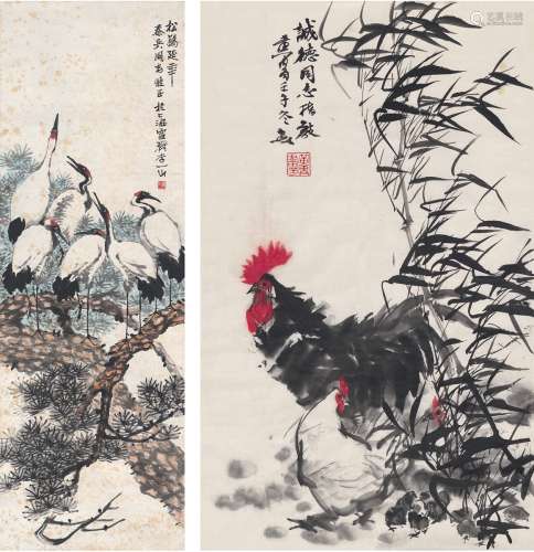 黄胄（1925～1997）  李一山（1921～？） 吉祥平安图·松鹤延年图 画心·立轴 设色纸本