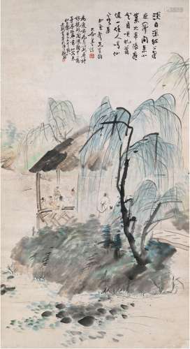 张大千（1899～1983） 柳亭雅集图 镜片 设色纸本