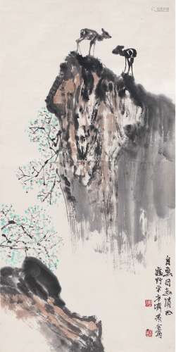 应野平（1910～1990）  方济众（1923～1987） 高崖双鹿图 立轴 设色纸本
