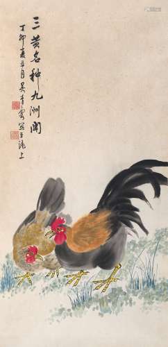 吴青霞（1910～2008） 1987年作 双鸡图 镜片 设色纸本