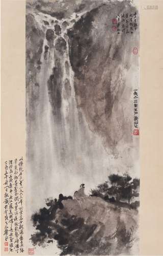 傅抱石（1904～1965） 1963年作 高士观瀑图 镜片 设色纸本