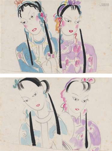 林风眠（1900～1991） 戏曲仕女 （二帧） 画心 设色纸本