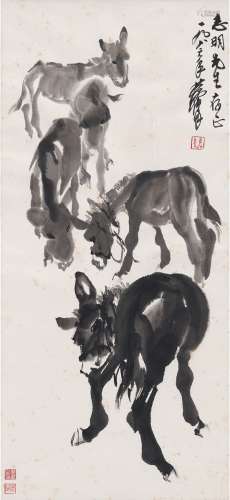 黄胄（1925～1997） 1986年作 五驴图 镜片 水墨纸本