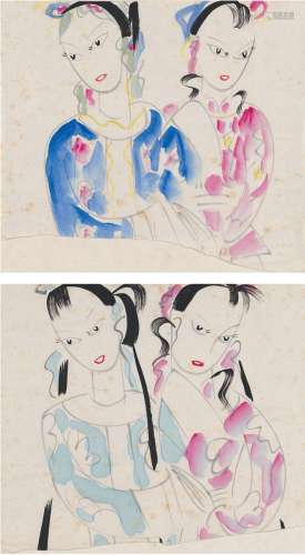 林风眠（1900～1991） 戏曲仕女 （二帧） 画心 设色纸本