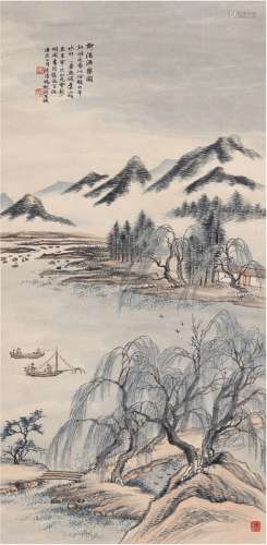 冯超然（1882～1954） 1940年作 柳溪渔乐图 镜片 设色纸本