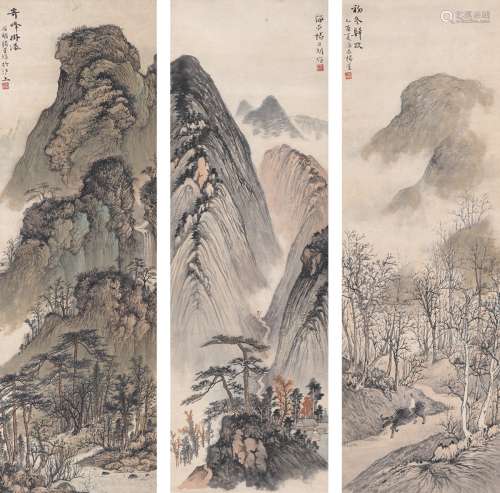杨石朗（1915～2000） 1945年作 山水 三屏 设色纸本