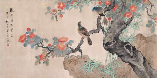 江寒汀（1904～1963） 1944年作 花间双禽图 镜片 设色纸本