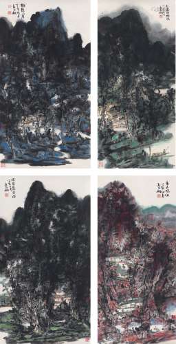熊红钢（1959～） 2007年作 山居图 （四帧） 四屏镜片 设色纸本