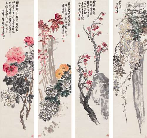 王个簃（1896～1988） 花卉 四屏 设色纸本