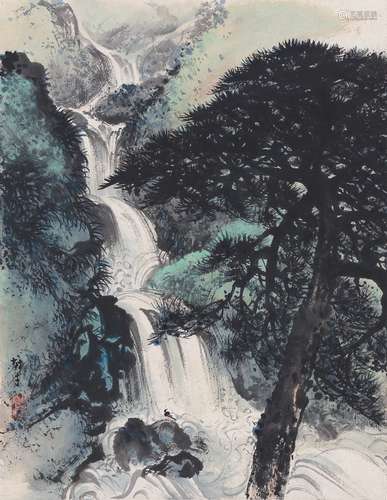 黎雄才（1910～2001） 松瀑图 镜片 设色纸本