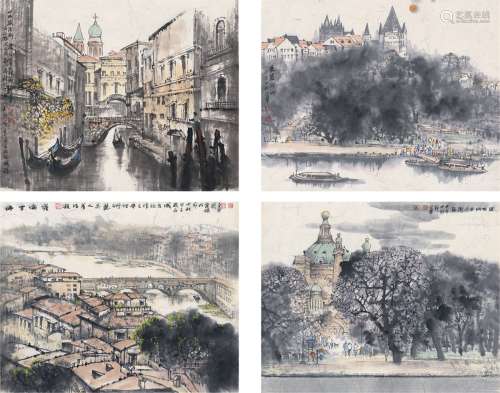 张金华（1951～） 2014年作 城市四景 （四帧） 镜片 设色纸本
