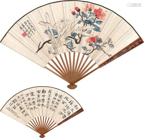 黄葆戉（1880～1968） 1935年作 花卉 节临礼器碑 成扇 设色纸本
