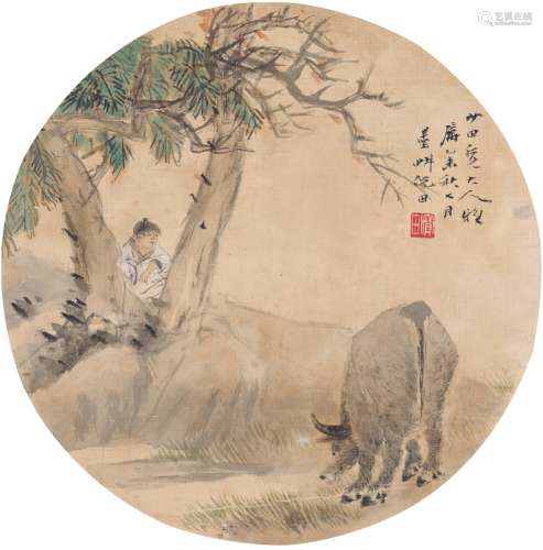 倪田（1855～1919） 1895年作 放牛图 扇页 设色绢本