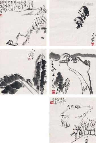丁衍庸（1902～1978） 小景五帧 （五帧） 画心 水墨纸本