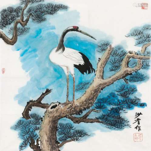 沙耆（1914～2005） 仙鹤祝寿 纸本 彩墨