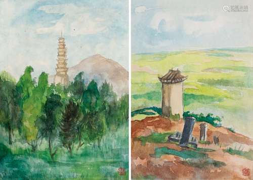 关良（1900～1986） 洛阳白马寺 纸本 水彩