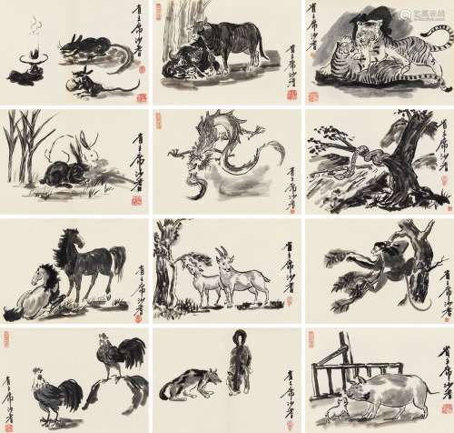沙耆（1914～2005） 十二生肖 （十二帧） 纸本 水墨