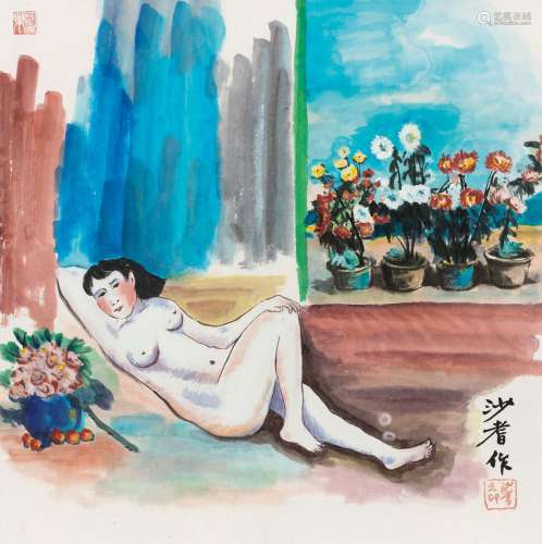 沙耆（1914～2005） 窗前裸女 纸本 彩墨