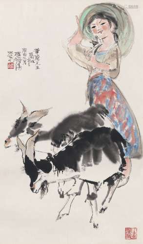 程十发（1921～2007） 1980年作 双羊少女图 立轴 设色纸本
