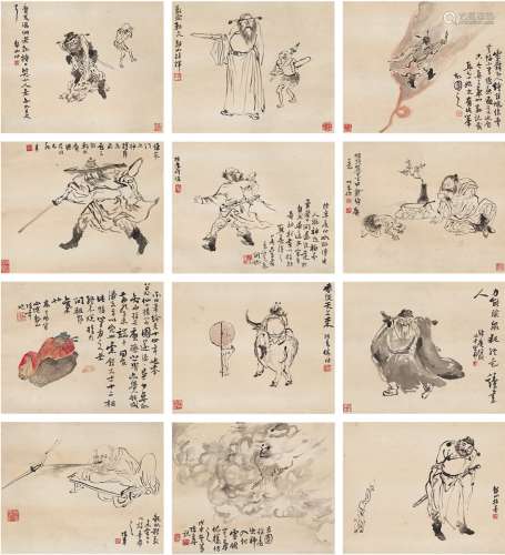 陈半丁（1877～1970） 指画钟馗捉鬼图 四屏（十二挖） 设色纸本·水墨纸本
