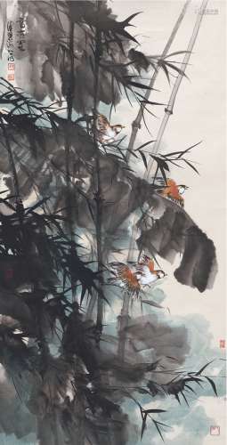 陈佩秋（1923～） 竹蕉飞禽图 镜片 设色纸本