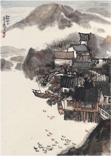 程十发（1921～2007） 1986年作 江邨新雨图 镜片 设色纸本