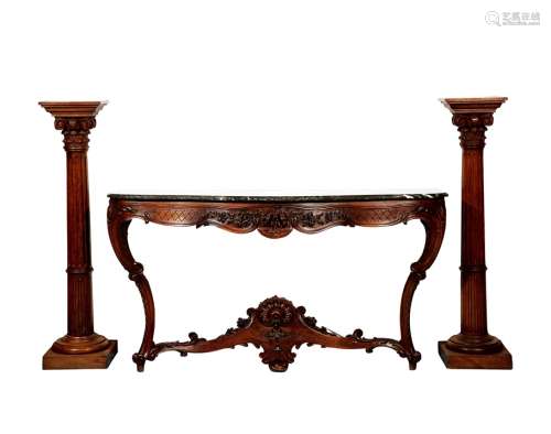 1900年制 法式风格胡桃木玄关边桌配罗马柱 （一组）