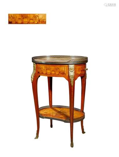19世纪制 铜鎏金细木镶嵌双层中央小桌