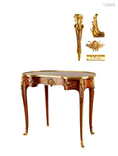 1900年制 路易十五风格铜鎏金装饰西阿拉黄檀木和缎木镶花腰果式写字桌