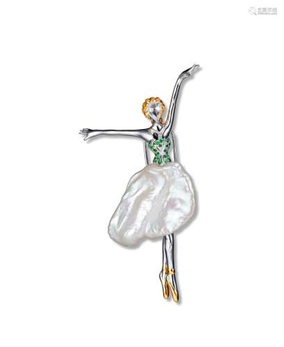 “芭蕾舞女”金镶异形珍珠配钻石胸针