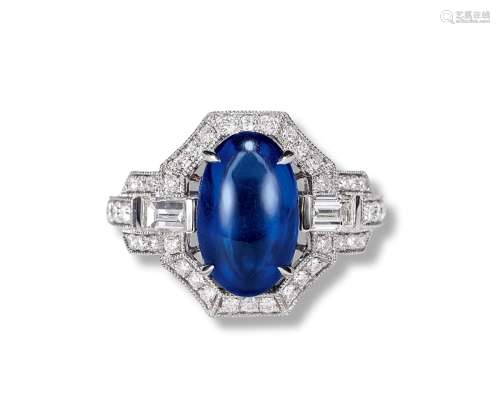 王琨设计 3.55克拉蛋面蓝宝石配钻石戒指