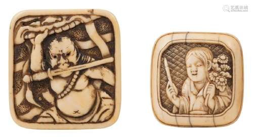 Two Edo period square ivory manju netsuke; one with a